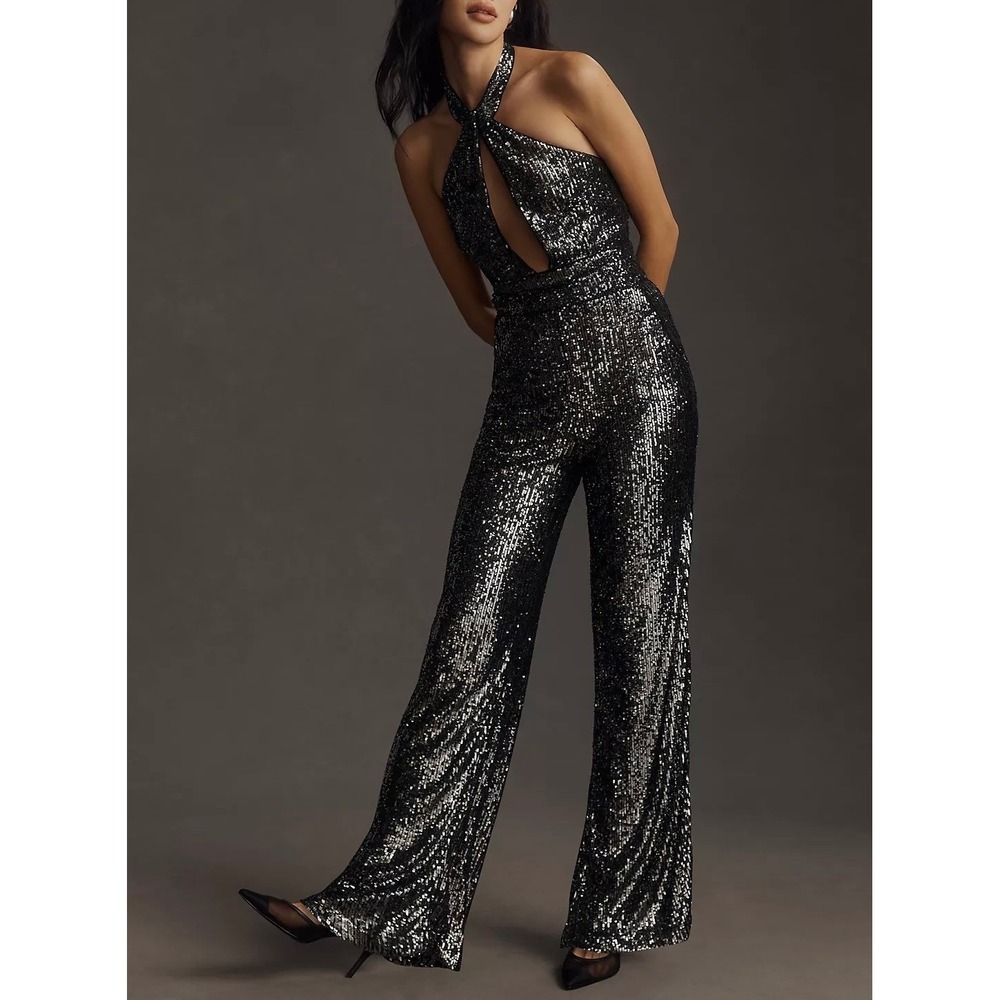 MAEVE x ANTHROPOLOGIE Sequin Halter Wide Leg Jumpsuit
